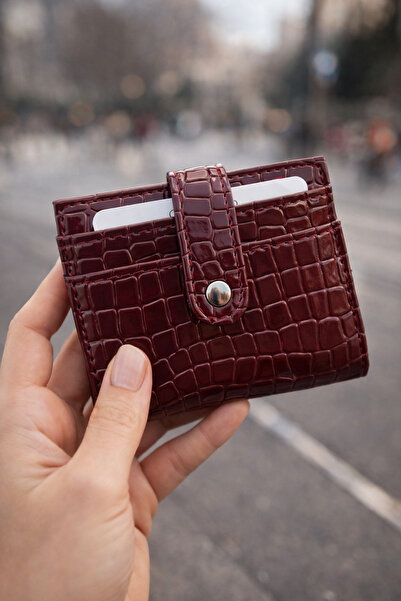 Zeyne Burgundy Zyn08 Crocodile Patterned Women's Card Holder Wallet