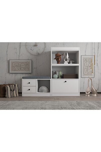 Nettrends Puflu Raflı Askılıklı Çekmeceli Beyaz Vestiyer Çıtasız 130 Cm Vst-1...