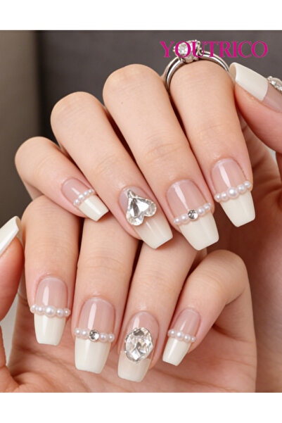Youtrico 30 أظافر صناعية شبه يدوية، فرنسية جديدة، ألماس ثلاثي الأبعاد، لآلئ