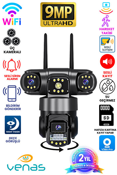 Venas 3 Kameralı wifi Alarmlı Hareket Takipli 9mp Full HD Alarmlı Güvenlik Ka...