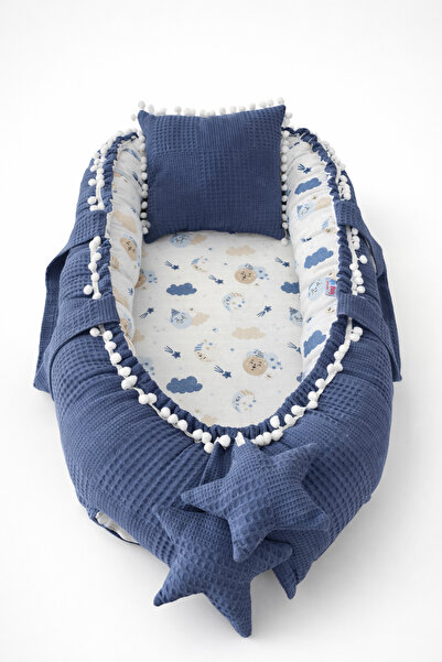 Jaju Baby Babynest Organik Pamuklu Waffle Ve Müslin Kumaş Ponponlu Babynest A...