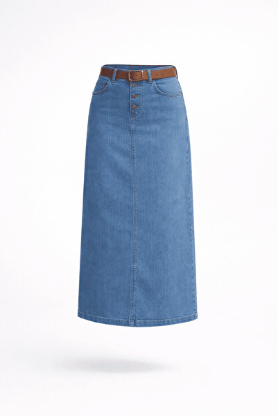 VELLICHOR Doğal Kumaşlı Kemerli Kot Etek MAVİ