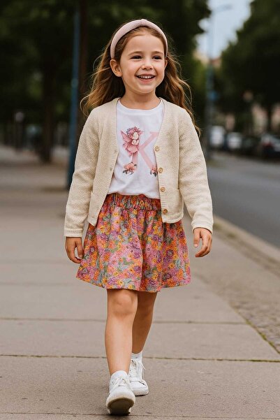 kidsense Girl's Flower Printed T-Shirt Cardigan Skirt Set