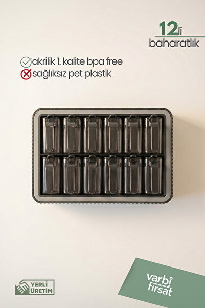 Varbifırsat 12'li Standlı Baharatlık Takımı Kendinden Yapışkanlı Kaşıklı Baha...