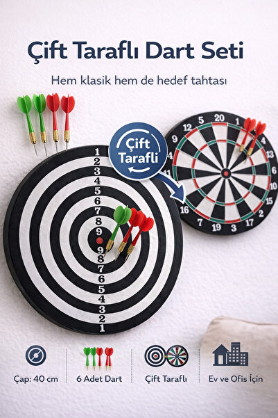 Janissary 17inç Dart Tahtası Seti, 6 Çelik-Plastik Dart ile Çift Taraflı Dart...