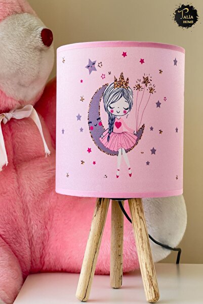 Talia Home Pembe Ay'da Oturan Kız Desenli Çocuk Odası Abajur Masa Lambası TLA...