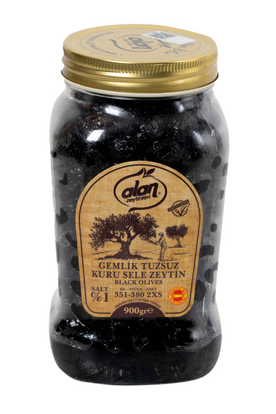 Alan Zeytinleri Az Tuzlu Gemlik Kuru Sele Zeytin 351-380 2XS Pet 900 GR