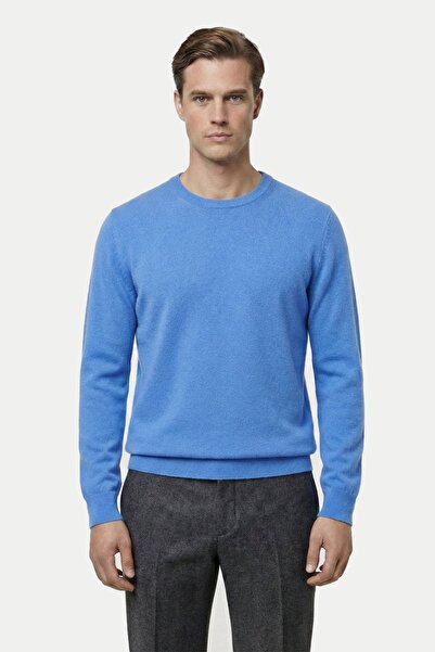 Sabri Özel Standart Fit Mavi Yünlü Bisiklet Yaka Triko Kazak