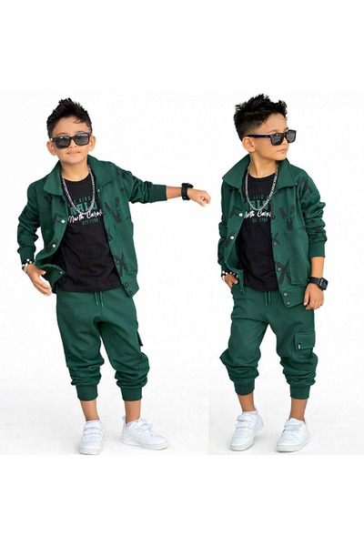 RAPAPA Boys Green Tracksuit Set – Printed Zippered Tops and Jogger Bottoms 60290