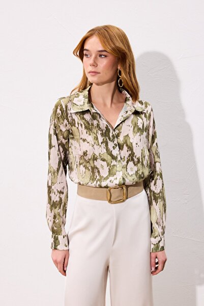 Sateen Patterned Straight Cut Shirt - Khaki