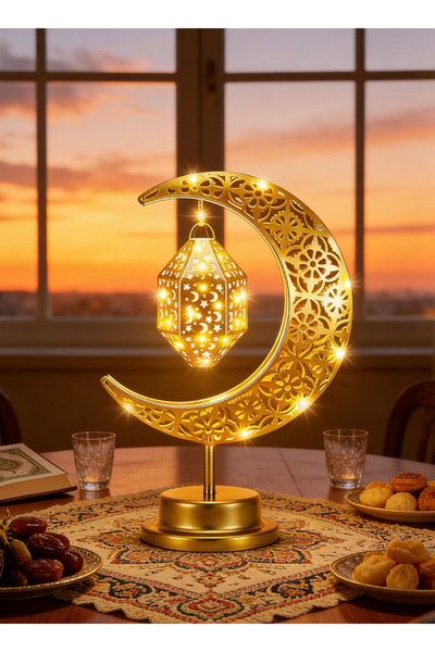 Pomefar أضواء رمضان، إطار مصباح طاولة معدني على شكل هلال، أضواء رمضان، ديكور ...