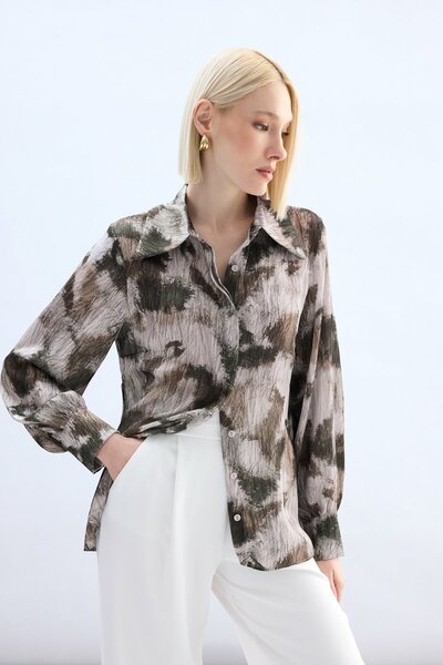 Sateen Πουκάμισο με σχέδιο - Καφέ