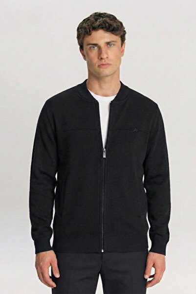 Sabri Özel Siyah Regular Fit Yünlü Pilot Yaka Triko Mont