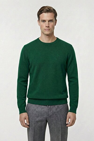 Sabri Özel Standart Fit Yeşil Yünlü Bisiklet Yaka Triko Kazak