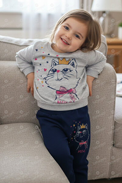 bebegen Kız Bebek Gri Laci Kedi Baskılı 2'li Takım