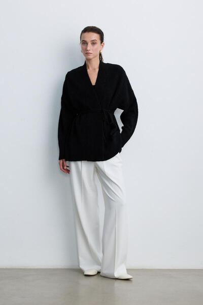BE BLUE Черно кимоно кардиган с тънък колан