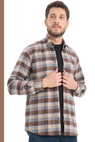 Varetta Ανδρικό καφέ καρό χειμερινό μάλλινο πουκάμισο με τσέπες και φαρδιά γρ...