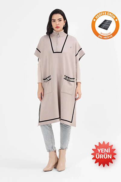 larocci Women's Striped Pocket Zippered Knitwear Poncho