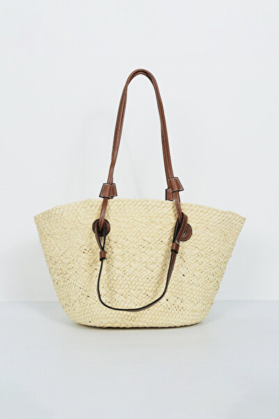 BE BLUE ECRU DVOJNA D Koža TORBA OD SLAME SA RUČKOM