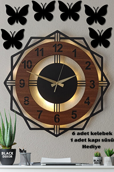 Blackdekor Ceviz Rengi Modern Işıklı Duvar Saati | Şık Dekoratif Led Aydınlat...