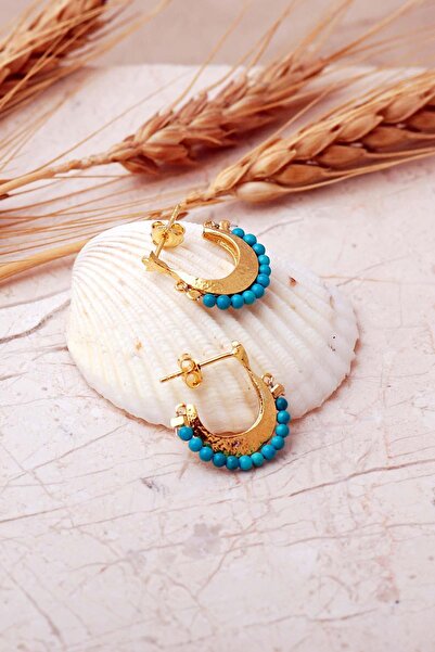 Sümer Telkari Firuze Taşlı Altın Kaplama Gümüş Yarım Halka Küpe 7396