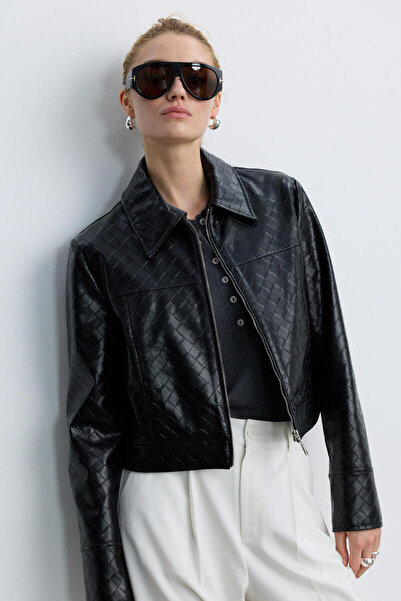 BE BLUE Black Knit Detail Short Leather Jacket
