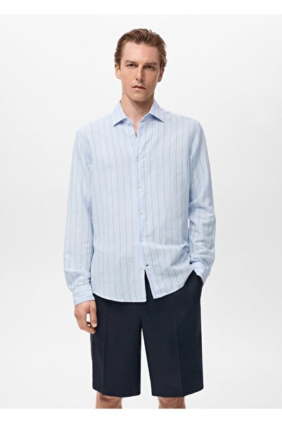 MANGO Man Çizgili keten gömlek