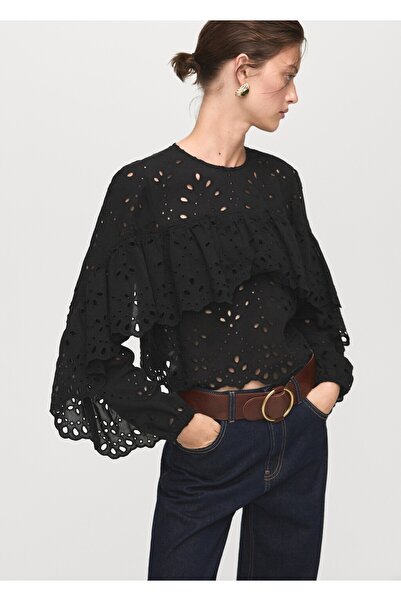 MANGO Woman İşlemeli delikli volanlı bluz