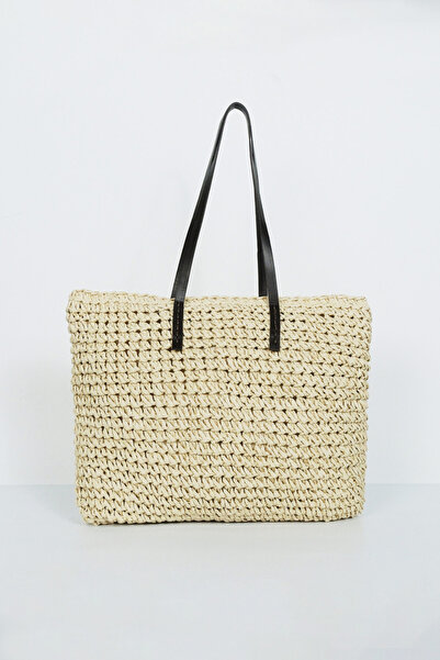 BE BLUE Сламена чанта с екрю кожена дръжка