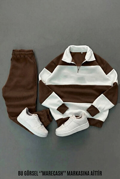 MARECASH Polo Yaka Kahve Beyaz Fermuarlı Düz Eşofman Takımı Alt-Üst Kışlık 3 ...