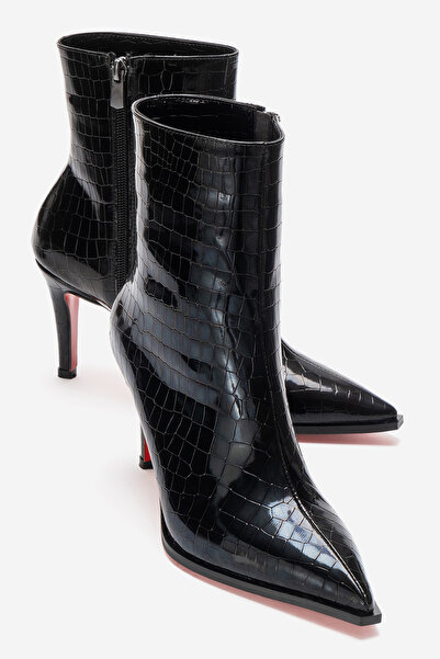 Ayakkabı Ateşi Cizme de damă, negre, crocodil, scurte, cu toc subțire, Torina