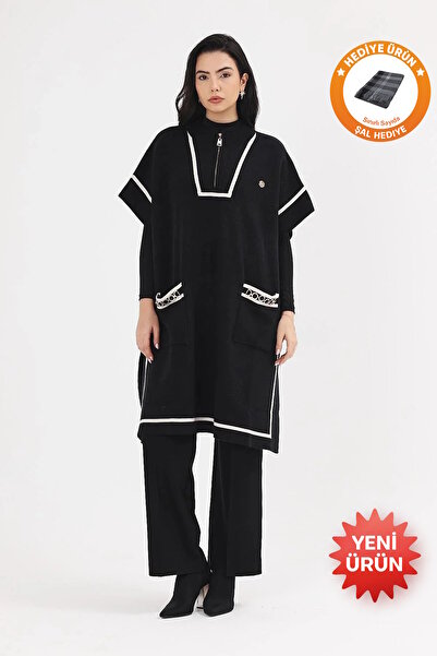 larocci Women's Striped Pocket Zippered Knitwear Poncho