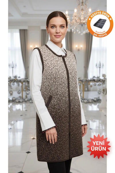 larocci Women's Patterned Sleeveless Zippered Long Vest