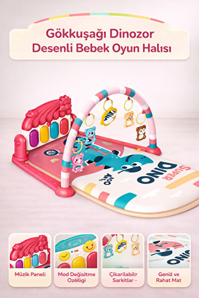 Genel Markalar Bebek Oyun Halısı Piyanolu, Gökkuşağı Dinozor Desenli 73 cm Se...