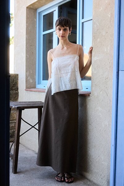 BE BLUE Brown Cotton Linen Skirt