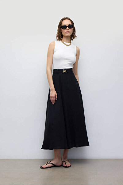 BE BLUE Black Linen Skirt