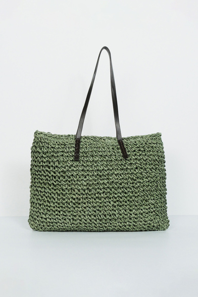 BE BLUE GEANTĂ DE PAIE CU MÂNERA DE PIELE VERDE