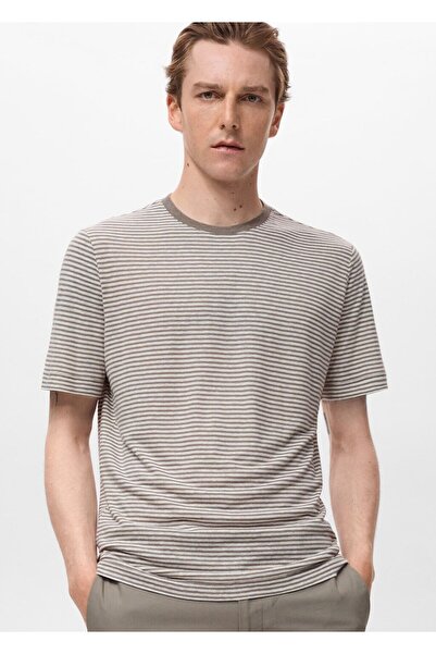 MANGO Man Slim fit çizgili keten tişört