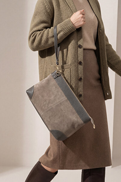 Marjin Women's Genuine Leather Clutch Portfolio Handbag Endoz Mink Suede