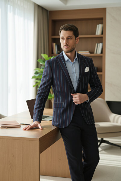 Frappoli سترة Adora للرجال باللون الأزرق الداكن والأحمر الإيطالي مخططة بقصة ض...