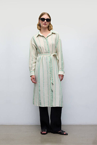 BE BLUE Μακρύ πράσινο ριγέ πουκάμισο