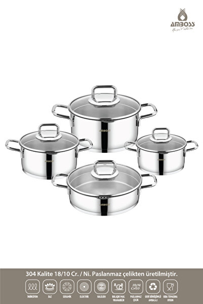 Amboss Diamond Strainer 8 Parça Süzgeç Paslanmaz Çelik Tencere Seti Cam Kapaklı