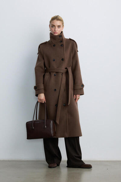 BE BLUE Brown Stand-Up Collar Long Coat