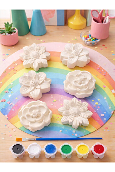 Atölye yüksel Çiçekler Taş Boyama Seti = 6 Taş + 6 Renk Boya + 1 Fırça