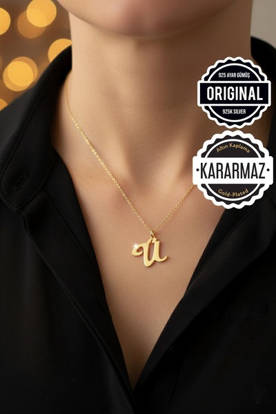 Jewelmim Ü Harfli Gümüş Kolye 18 Ayar Sarı Altın Kaplama Baş Harf Kararmaz 92...