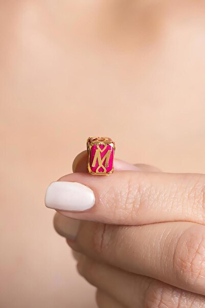 Bayar Gold 14 Ayar Altın Kafesli Pembe Boncuk M Harf Kolye Ucu