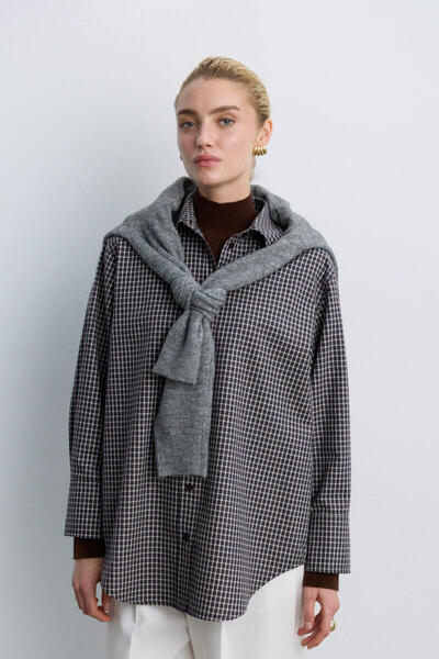 BE BLUE Brown Plaid Patterned Shirt with Belt