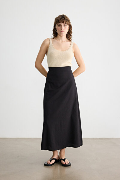 BE BLUE Black Cotton Linen Skirt