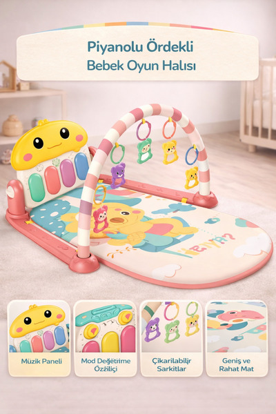 Genel Markalar Bebek Oyun Halısı Piyanolu, Gökkuşağı Ördek Desenli 73 cm Sesl...