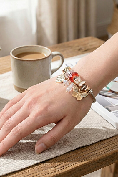 Duke Nickle Gold Red Butterfly Charm Bracelet - Elegant Design with Stone Det...